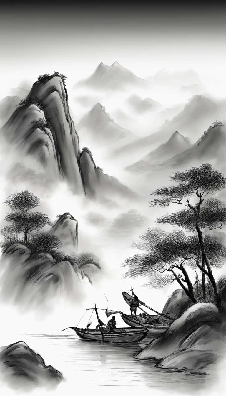 Chinese landscape painting，black-and-white，water ink，inky，Smudge，Faraway view，Ultra-wide viewing angle，meticulous，Light boat in the distance，Faraway view，meticulous，Smudge，low-saturation，Low contrast，Light boats crossed ten thousand heavy mountains，Beautifully depicted，A detailed，acurate，Works of masters，tmasterpiece